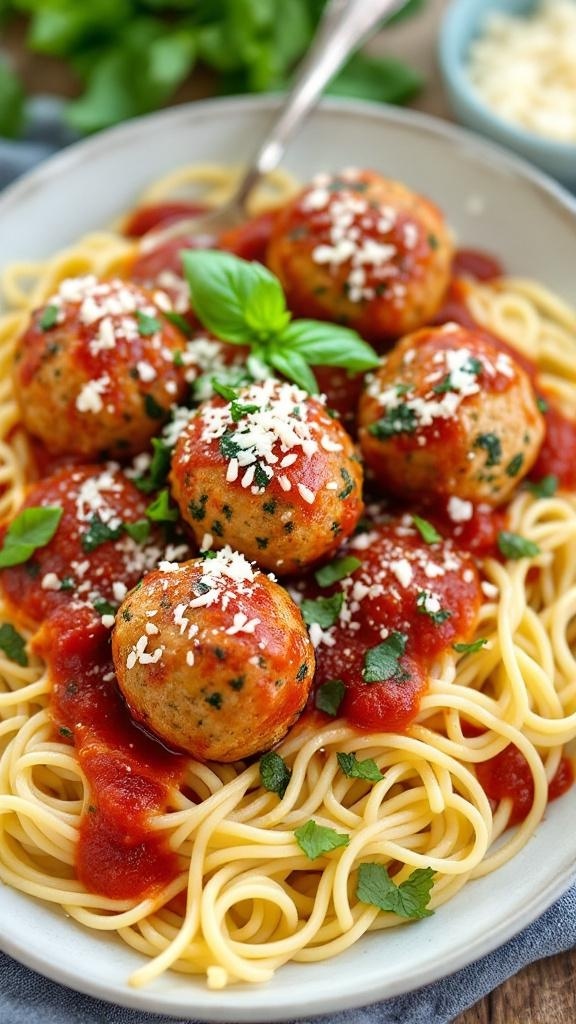 A plate of turkey and spinach meatballs served over spaghetti with marinara sauce and herbs.