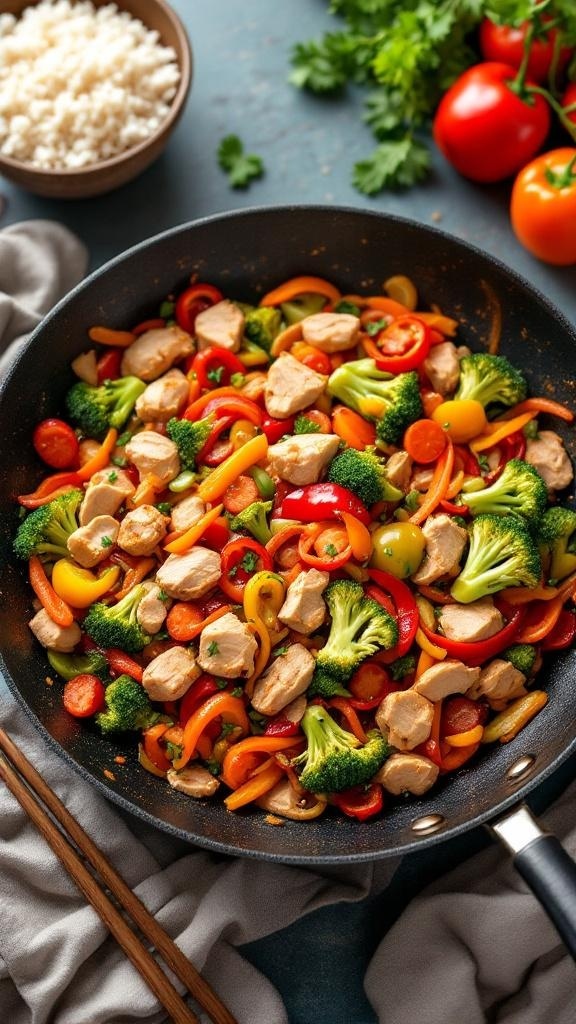 A colorful turkey and vegetable stir-fry in a skillet, featuring bell peppers, broccoli, and carrots.