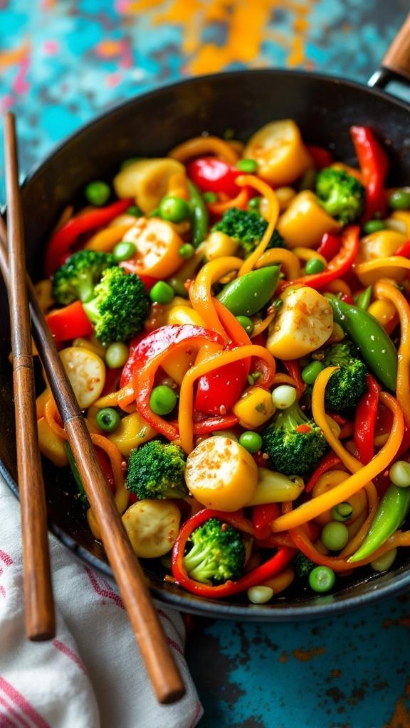 A colorful vegetable stir-fry with broccoli, bell peppers, snap peas, and a ginger soy sauce.