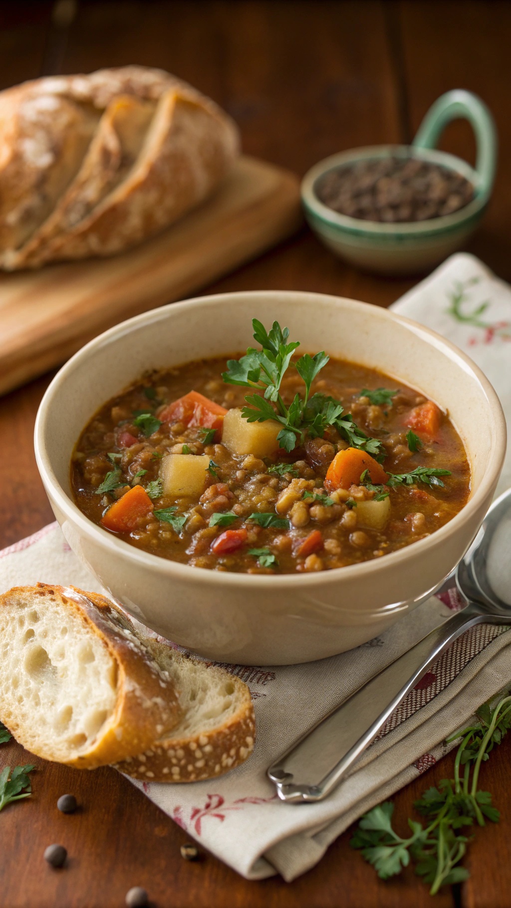 A bowl of hearty lentil soup with vegetables, served with slices of bread.