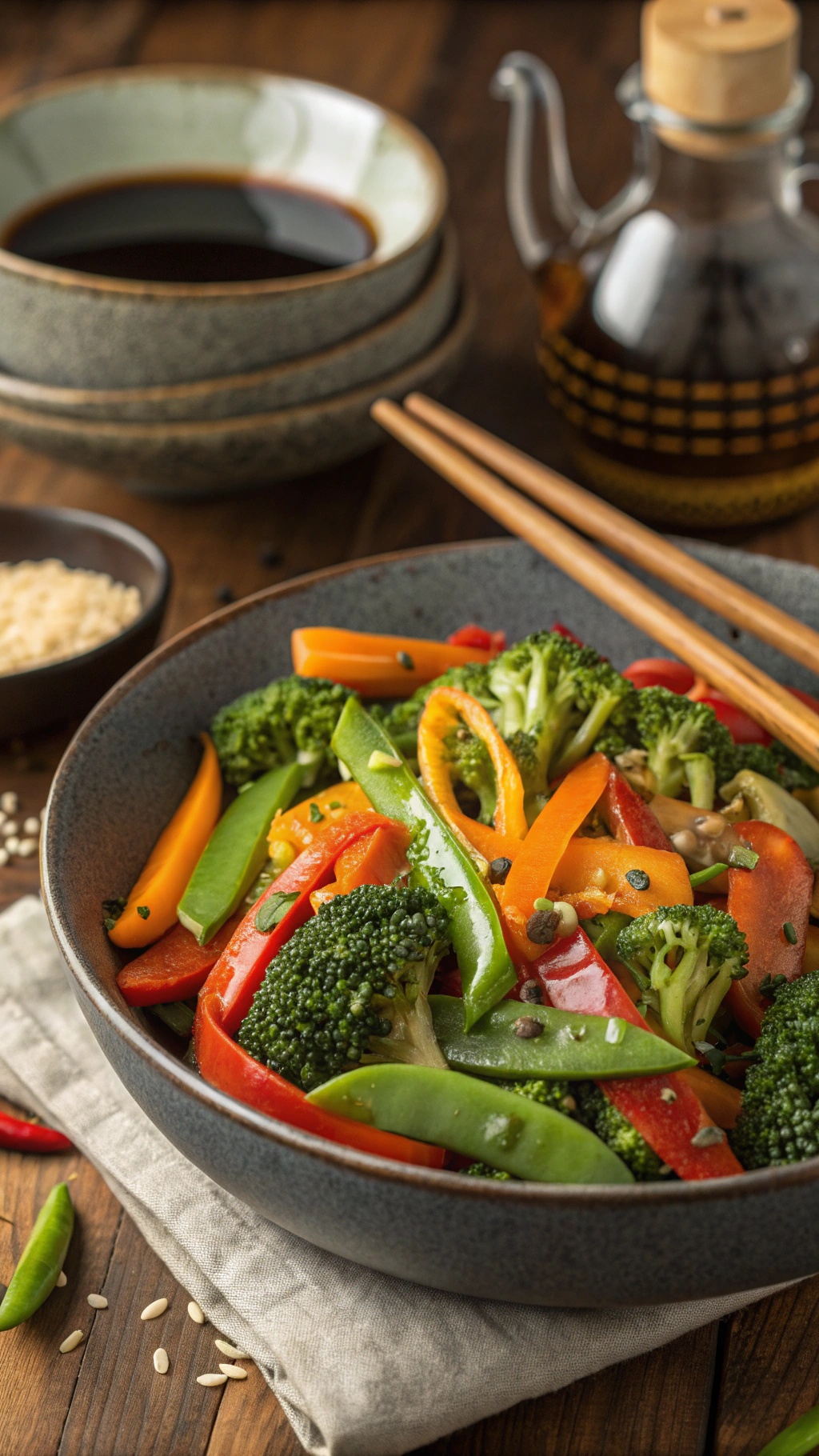 A colorful veggie stir-fry with broccoli, bell peppers, and snap peas in a bowl, served with chopsticks.