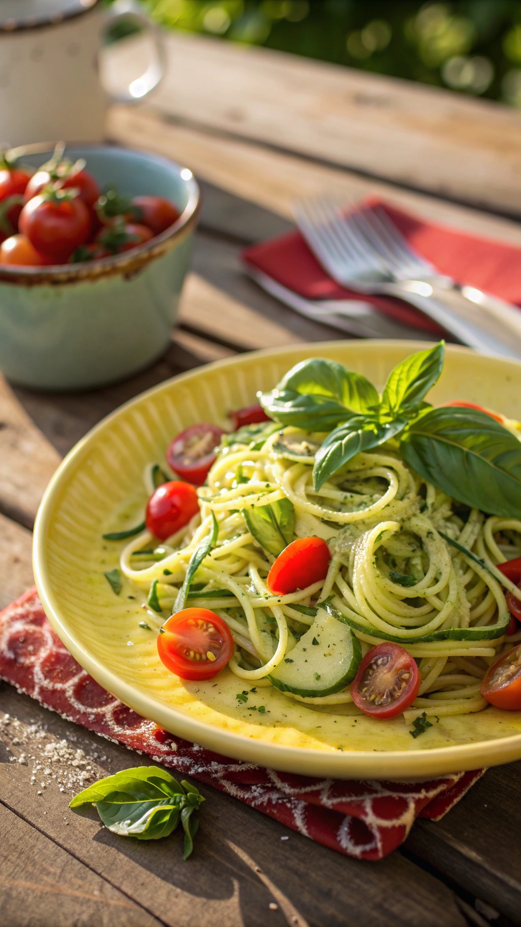 A plate of zucchini noodles with cherry tomatoes and basil on a wooden table.