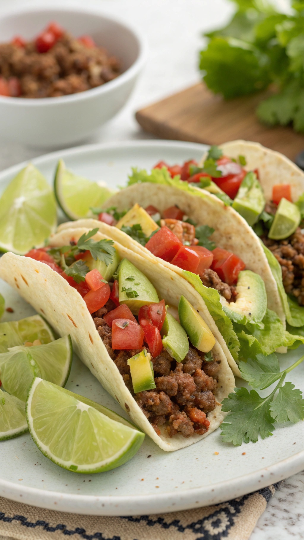 Beef and veggie tacos with lime wedges and fresh ingredients