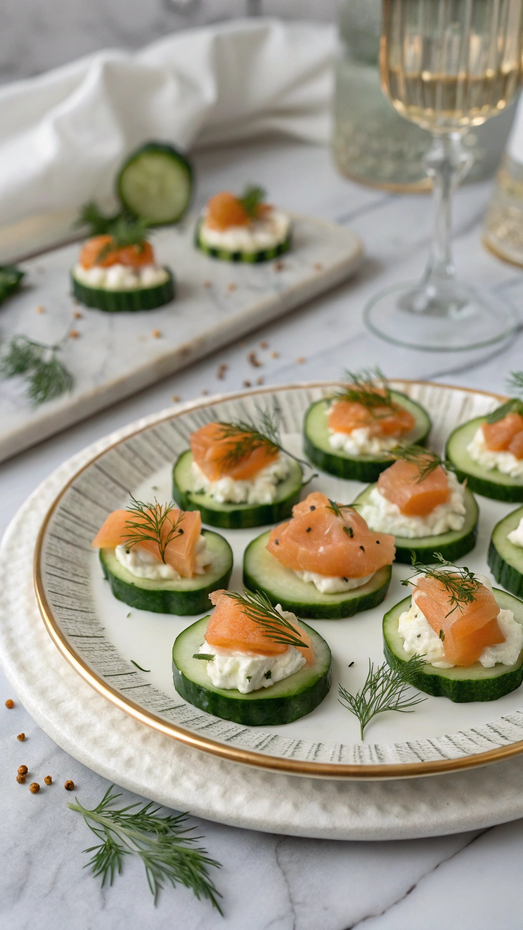 A plate of cucumber slices topped with cream cheese and smoked salmon, garnished with dill.