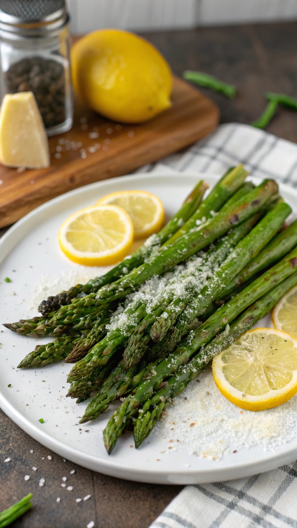 Plate of air fryer asparagus with lemon slices and grated cheese