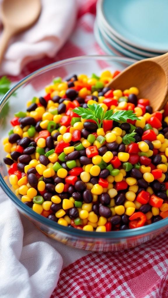 A colorful bean salad with black beans, corn, and diced peppers in a glass bowl.