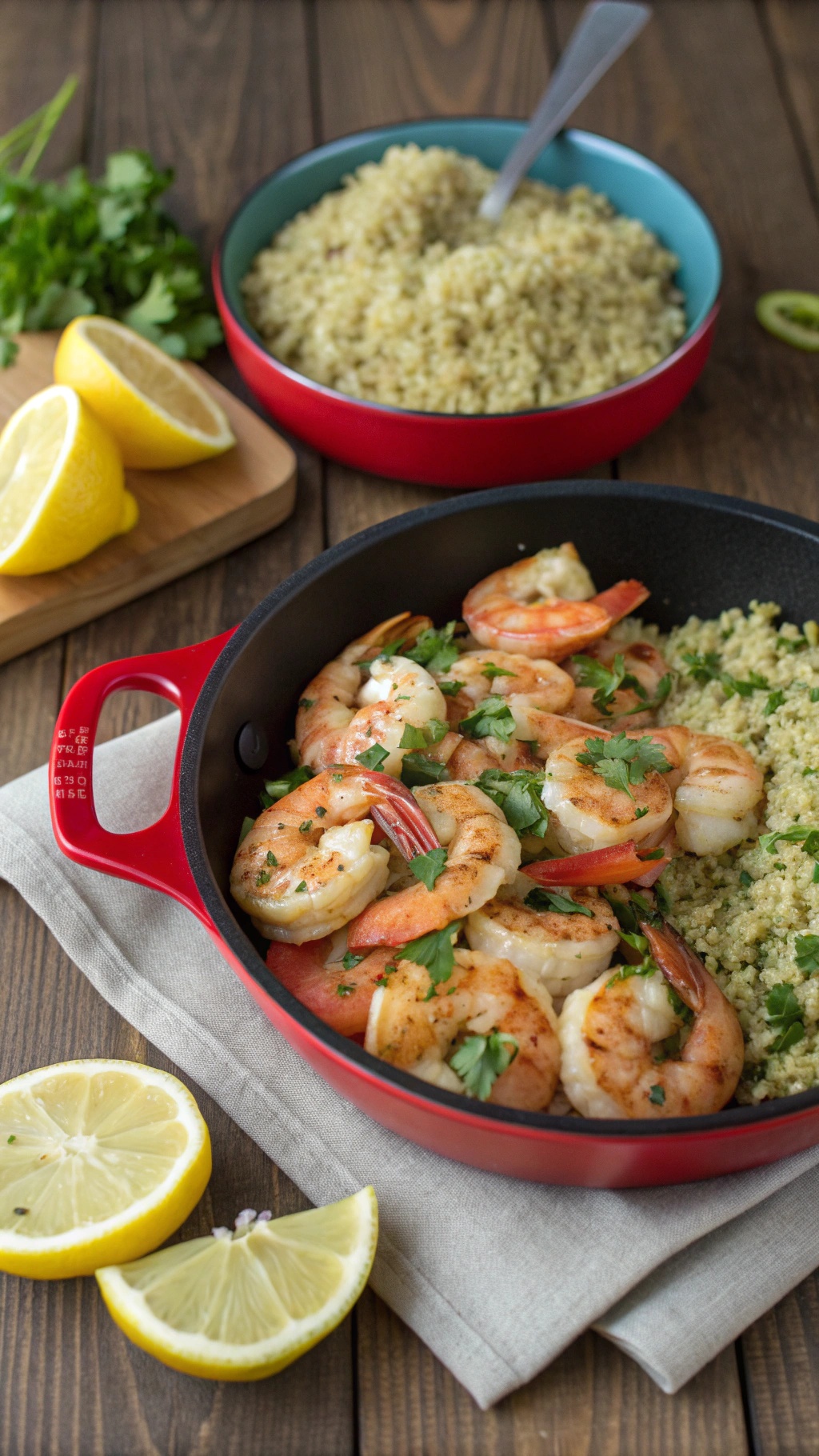A vibrant dish of lemon garlic shrimp served with quinoa and garnished with fresh herbs.