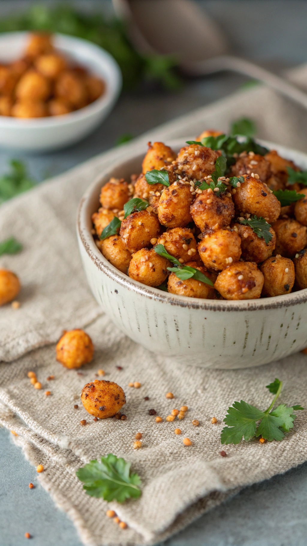 A bowl of spicy roasted chickpeas garnished with herbs, sitting on a textured cloth.