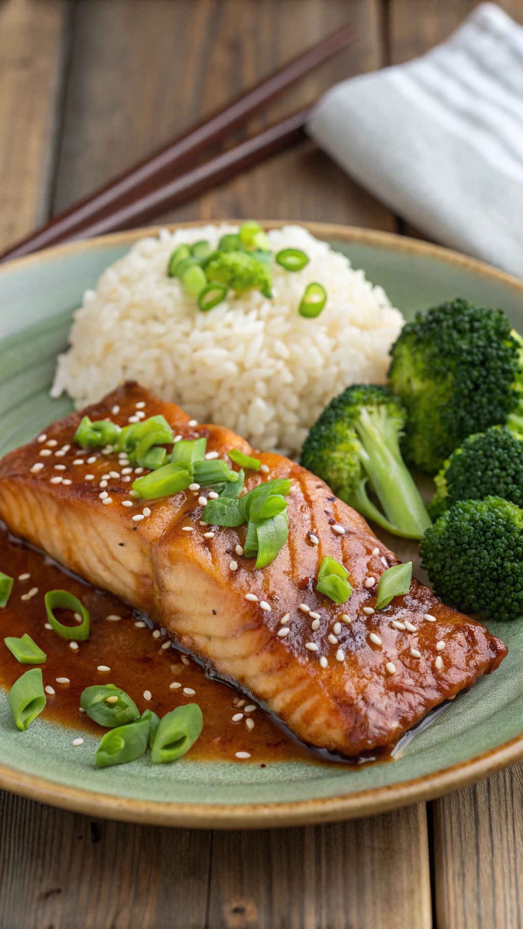 A plate of teriyaki salmon with rice and broccoli, garnished with green onions and sesame seeds.