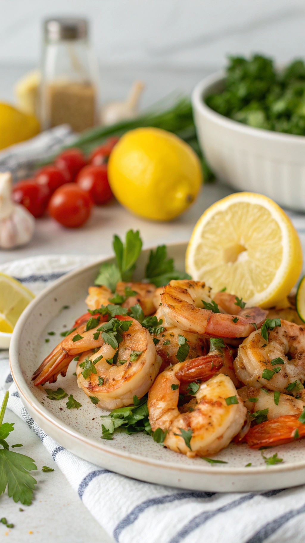 A plate of lemon garlic shrimp garnished with parsley and lemon slices, with fresh ingredients in the background.