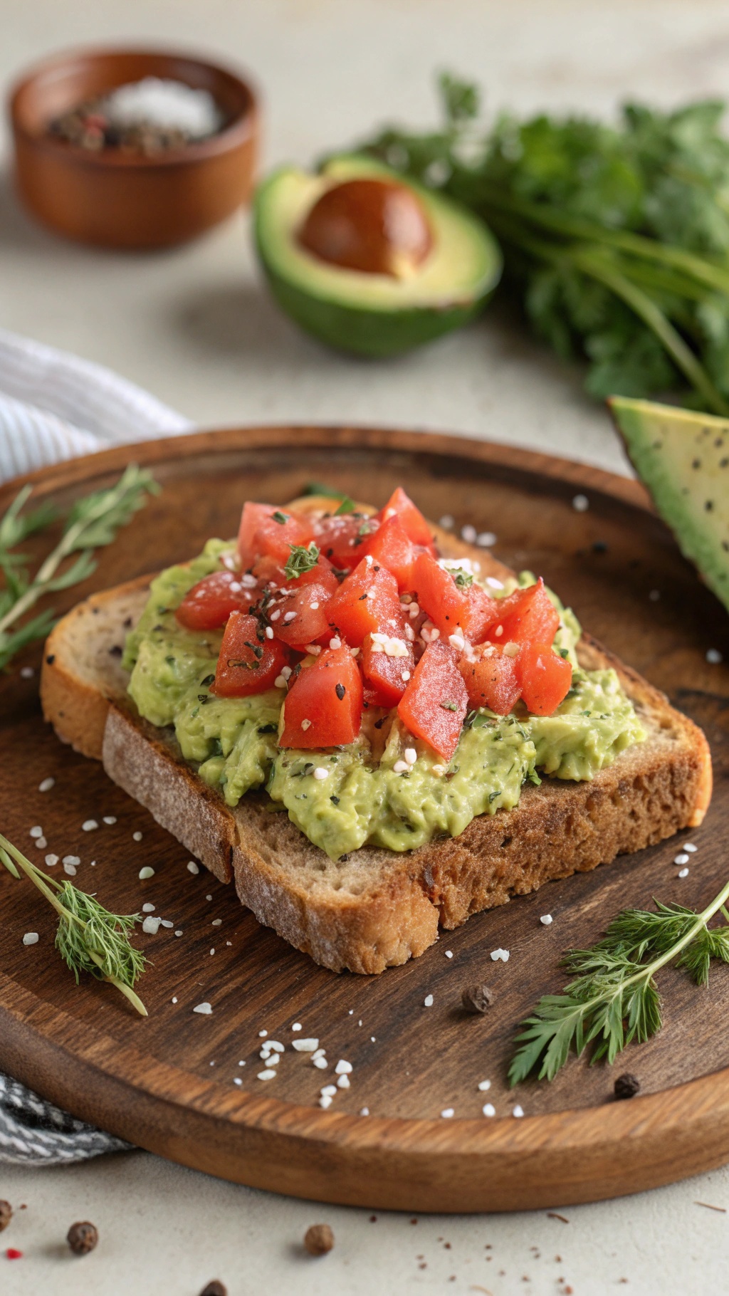 Zesty avocado and tomato toast on a wooden plate, garnished with herbs and sesame seeds.