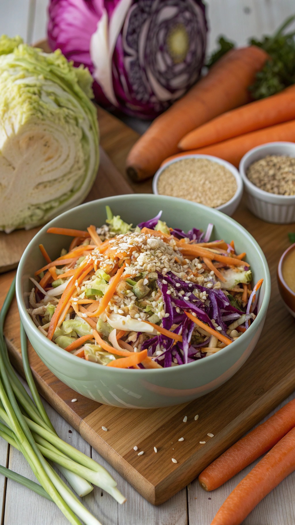 A bowl of colorful cabbage and carrot slaw with sesame seeds, surrounded by fresh ingredients.