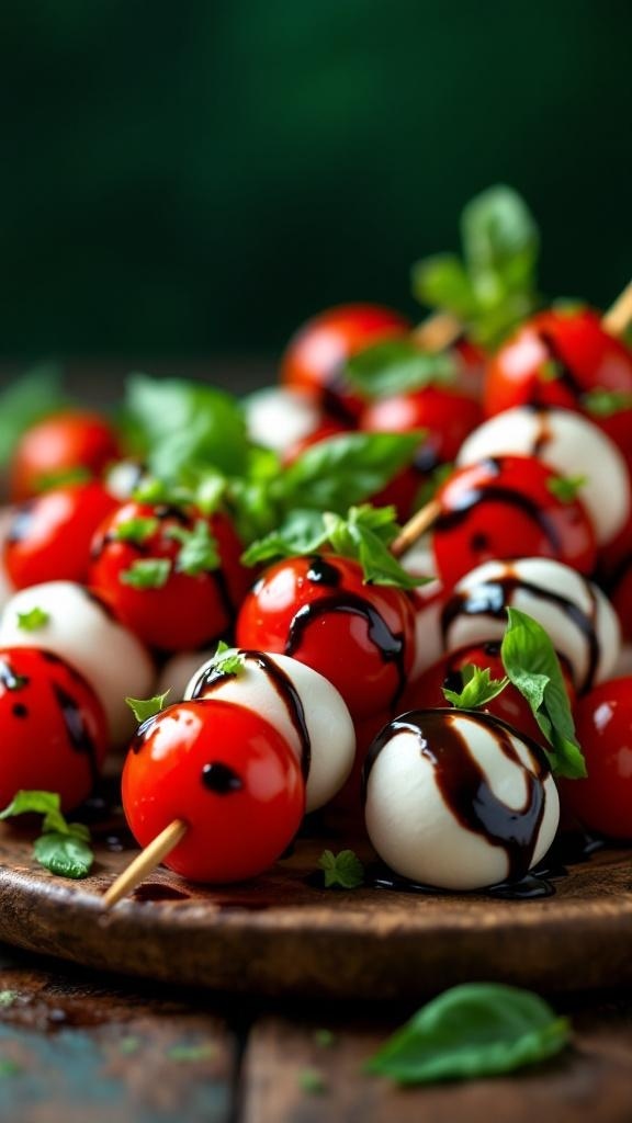 Colorful Caprese skewers with cherry tomatoes, mozzarella, and basil drizzled with balsamic glaze.