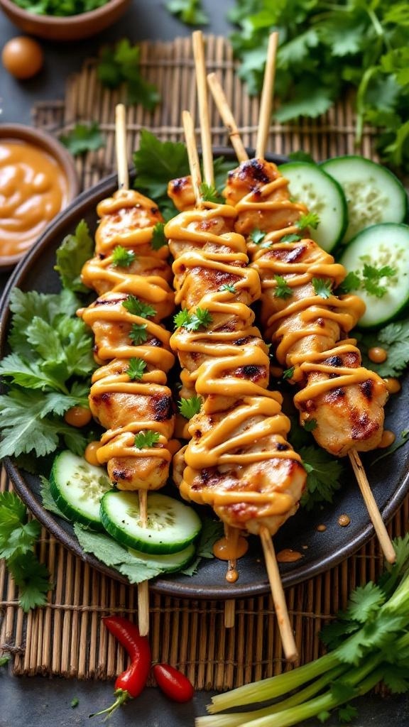 Grilled chicken satay skewers drizzled with peanut sauce, served with cucumber slices and garnished with cilantro.