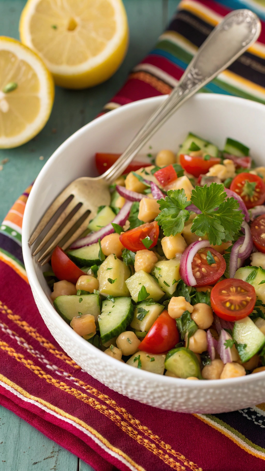 A bowl of zesty chickpea salad with cucumbers, tomatoes, and parsley, served with lemon halves.