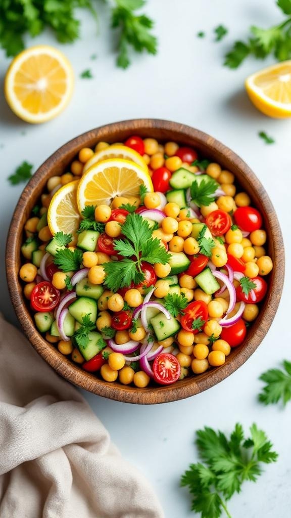 A colorful chickpea salad with tomatoes, cucumbers, and lemon slices in a wooden bowl.
