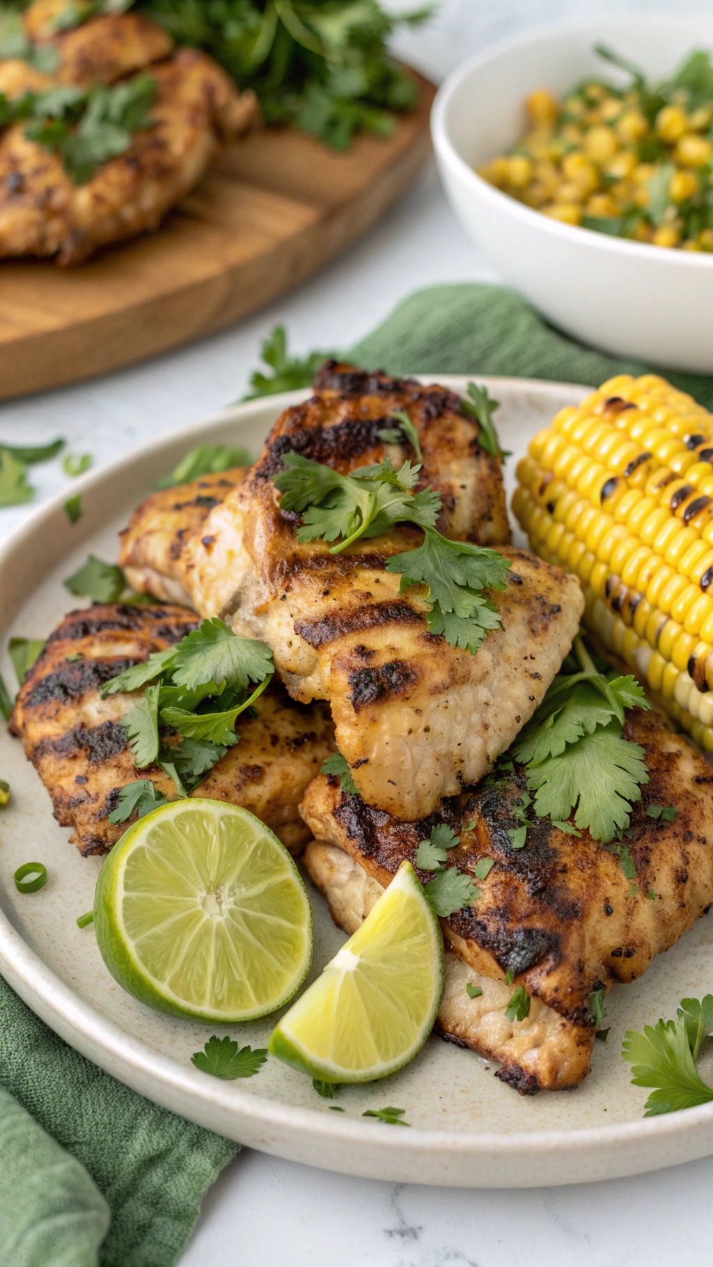 Grilled cilantro lime chicken with lime wedges and fresh cilantro on a plate.