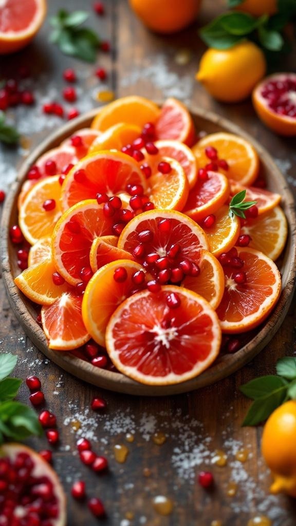 A vibrant fruit salad featuring grapefruit, oranges, and pomegranate seeds, garnished with mint leaves.