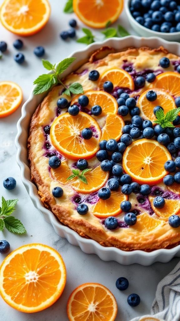 A colorful breakfast casserole topped with orange slices and blueberries, garnished with mint leaves.