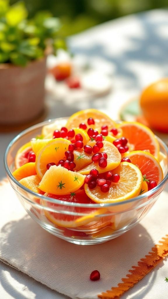 A bowl of zesty citrus salad with orange and lemon slices topped with pomegranate seeds.