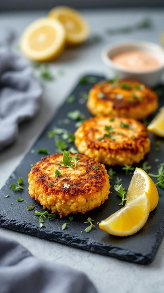 Golden brown crab cakes served with lemon wedges and dipping sauce on a slate platter.