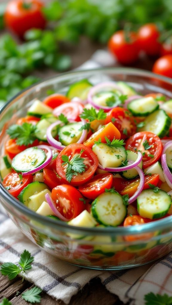A bowl of zesty cucumber and tomato salad with fresh herbs and sliced onions.