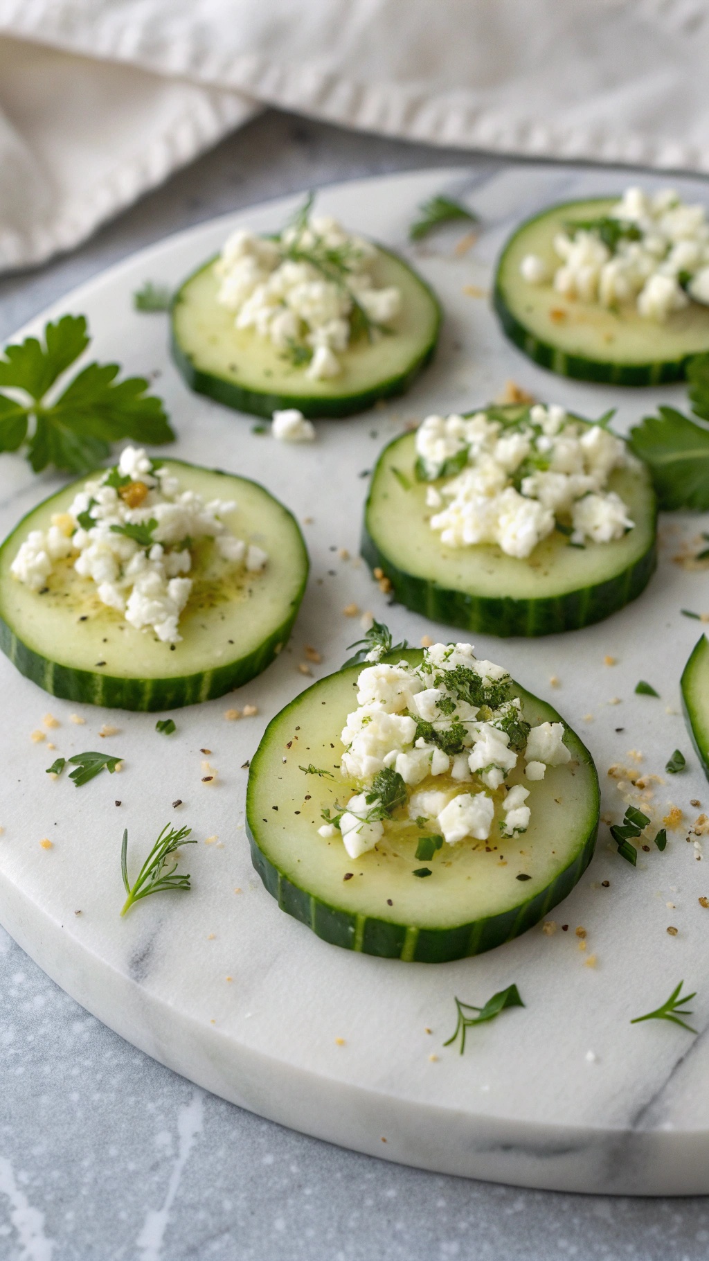 Cucumber slices topped with crumbled feta cheese and herbs on a marble platter