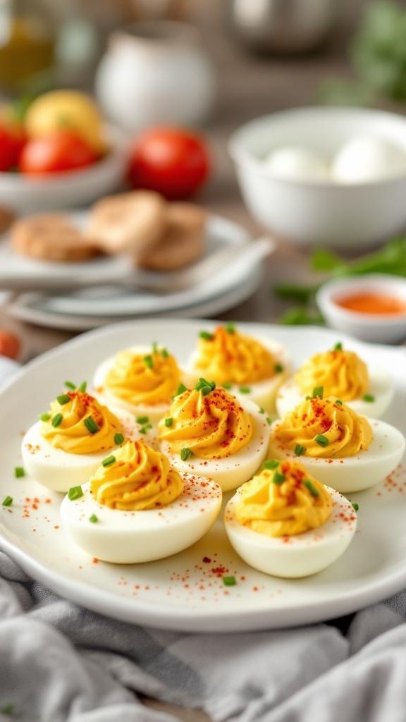 Plate of zesty deviled eggs garnished with paprika and chives