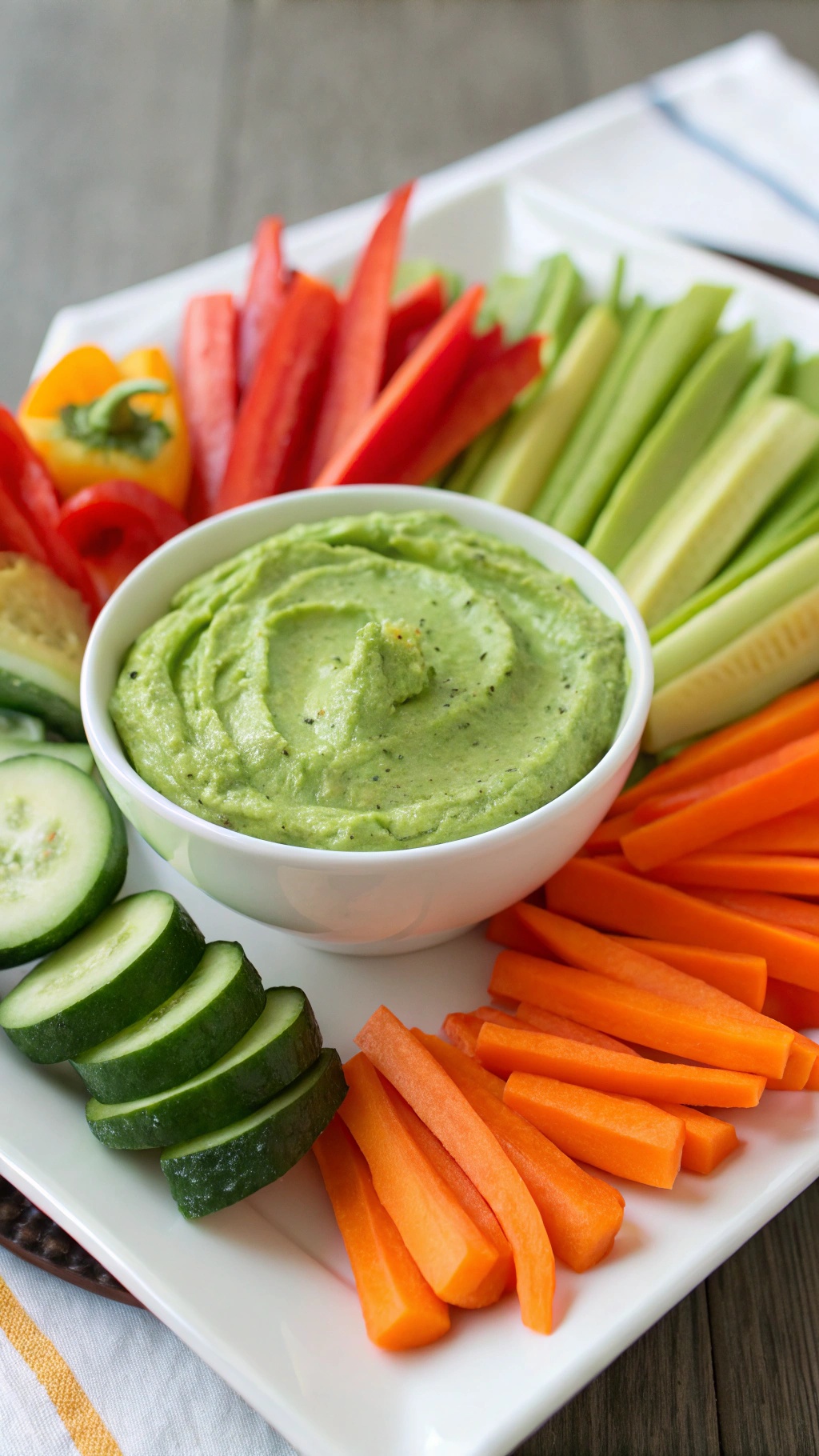A bowl of zesty edamame hummus surrounded by colorful veggie sticks including carrots, cucumbers, and bell peppers.