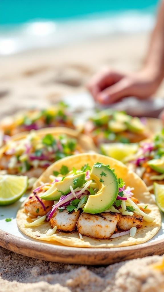 Zesty fish tacos with cabbage slaw and avocado on a beach setting