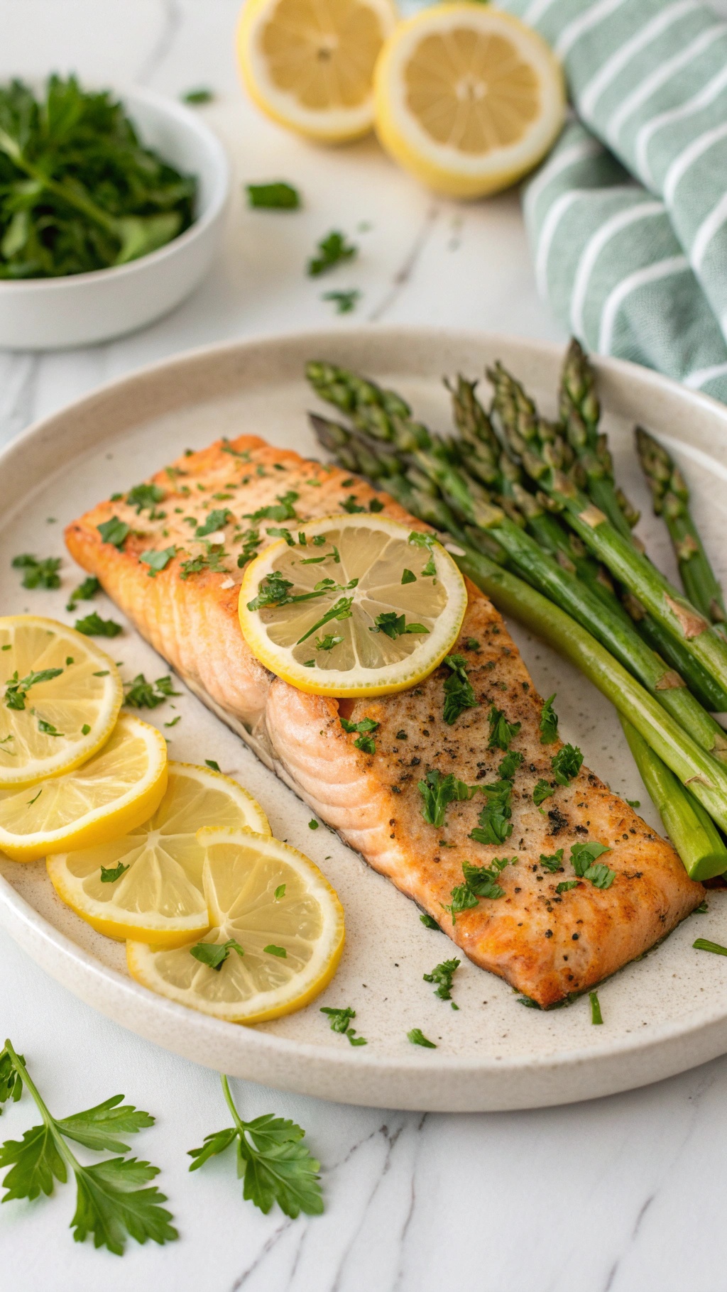 A plate of garlic lemon butter salmon with asparagus and lemon slices.