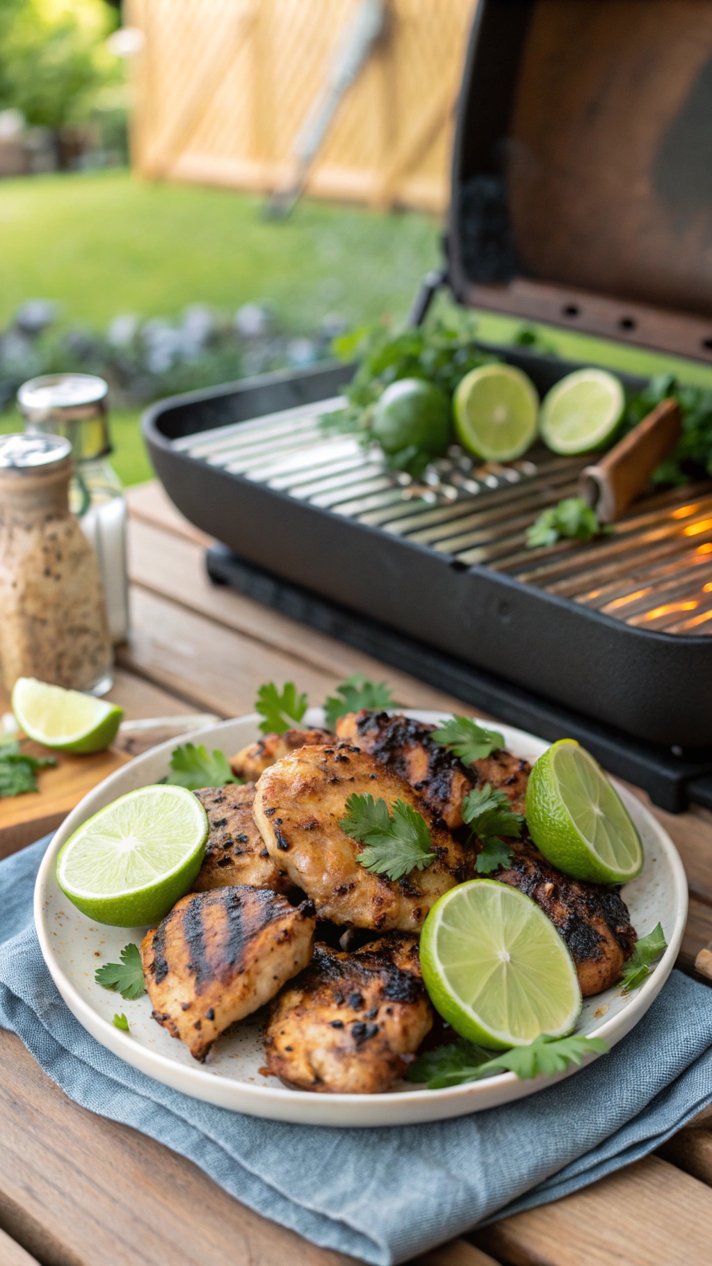 Grilled chicken thighs garnished with lime slices and cilantro on a plate, with a grill in the background.