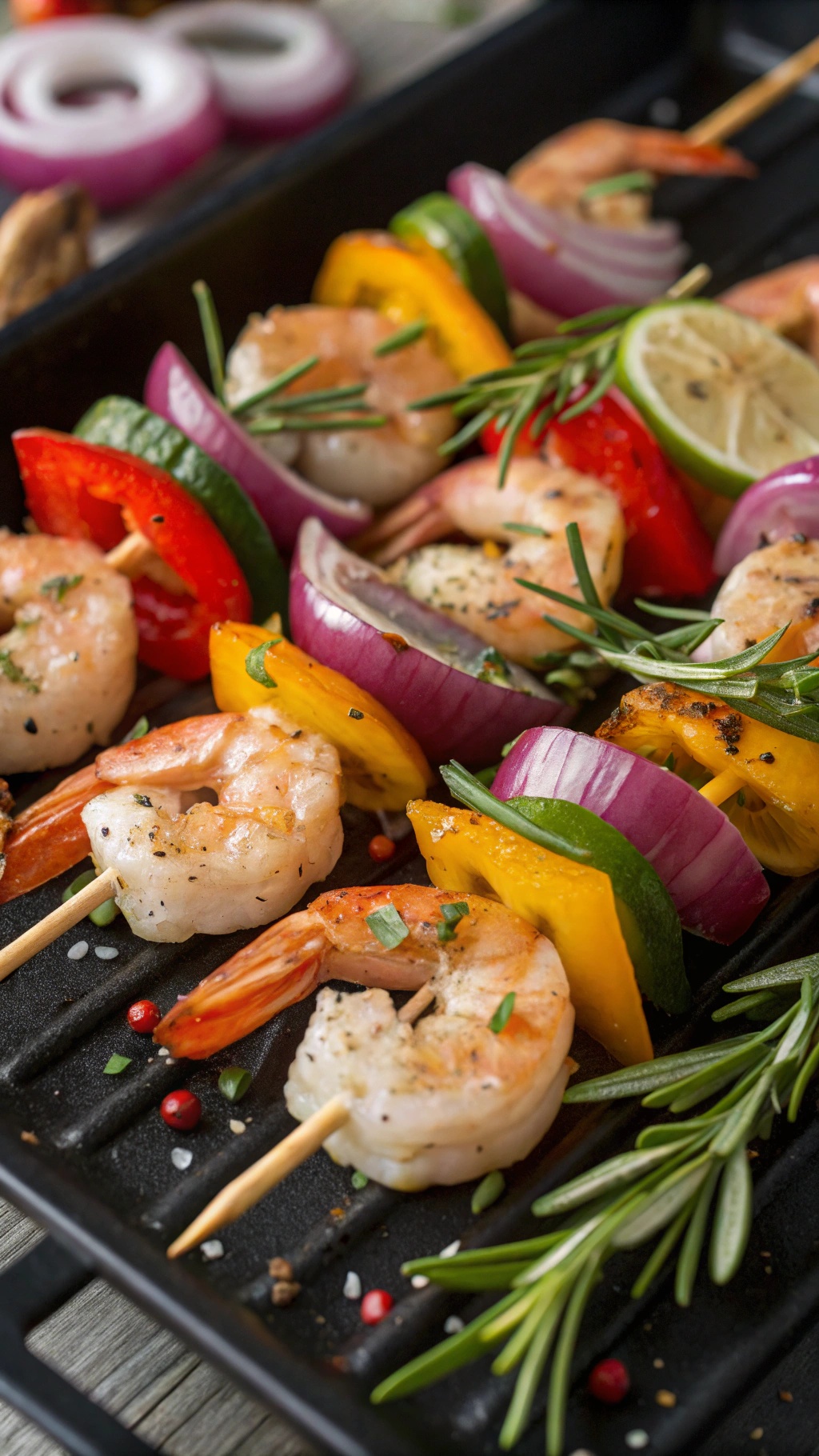 Zesty grilled shrimp skewers with colorful vegetables on a grill