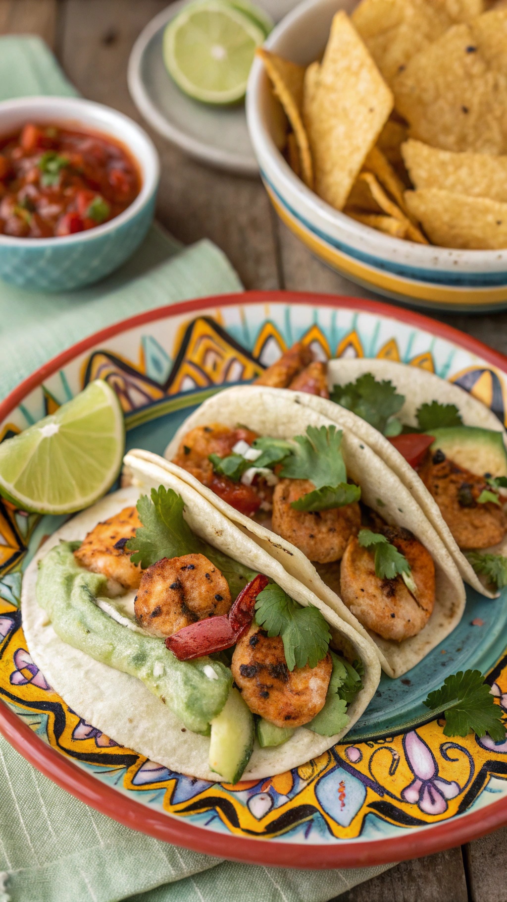 Zesty grilled shrimp tacos with avocado crema, garnished with cilantro and served with salsa and tortilla chips.