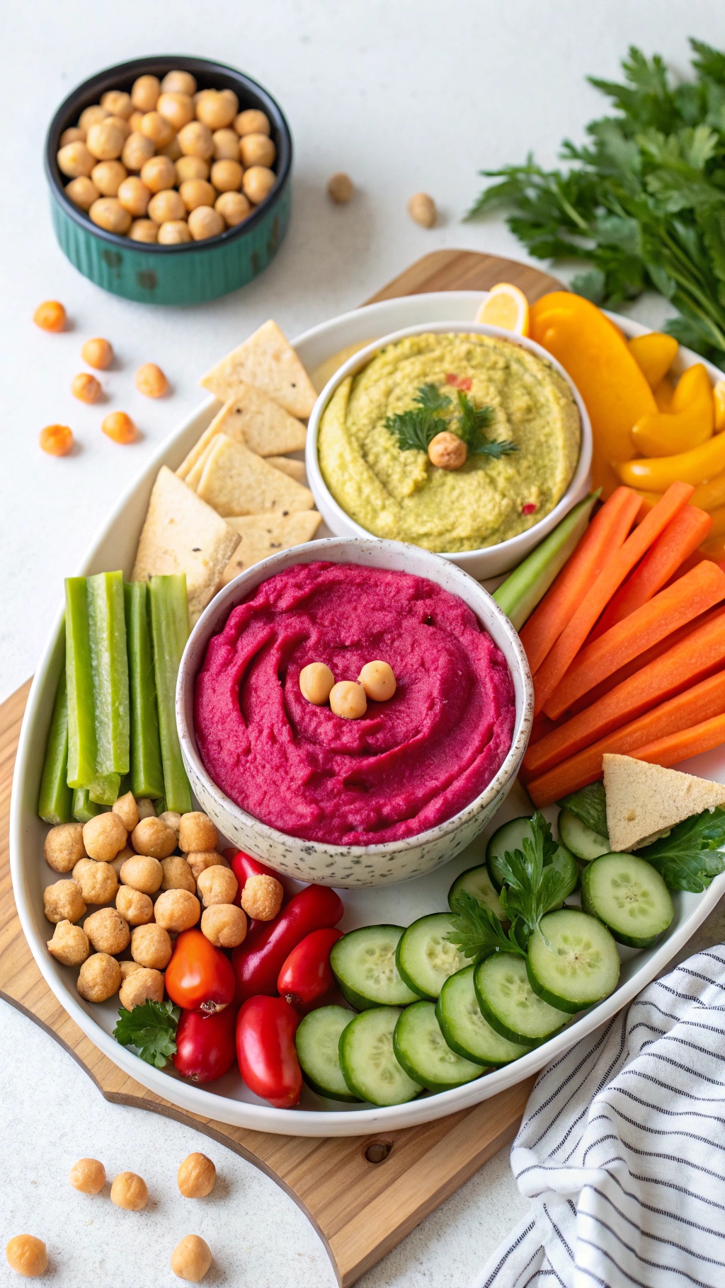 A platter of colorful hummus dips with fresh vegetables and pita chips
