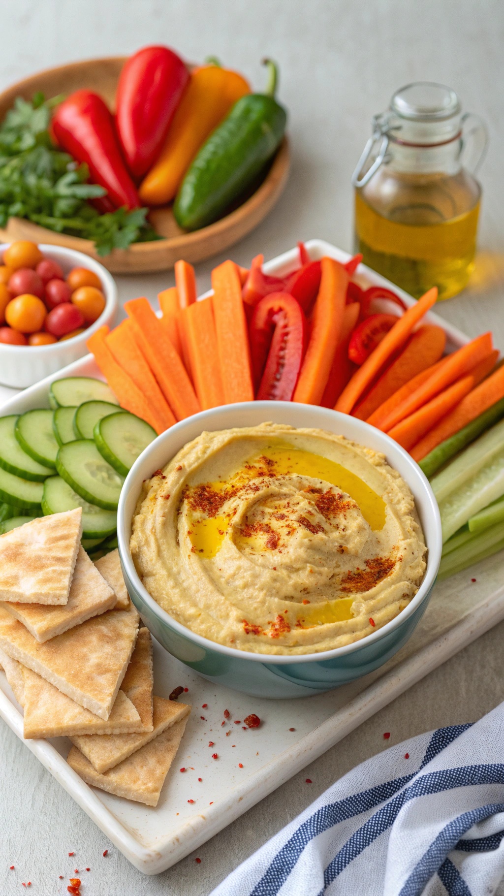 A bowl of zesty hummus surrounded by fresh vegetables and pita chips, ready for dipping.