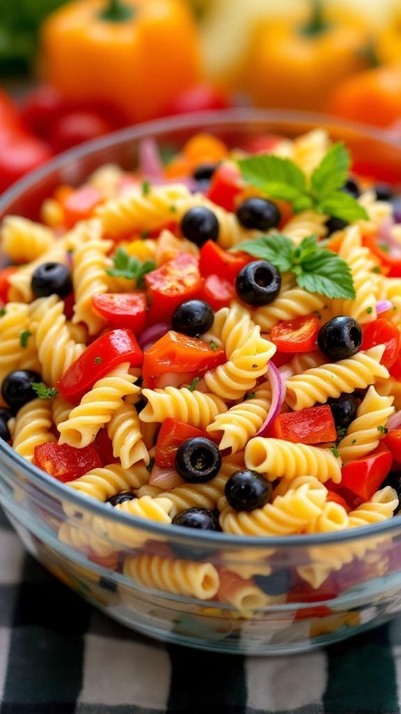 A vibrant bowl of zesty Italian pasta salad with rotini, cherry tomatoes, bell peppers, and black olives.