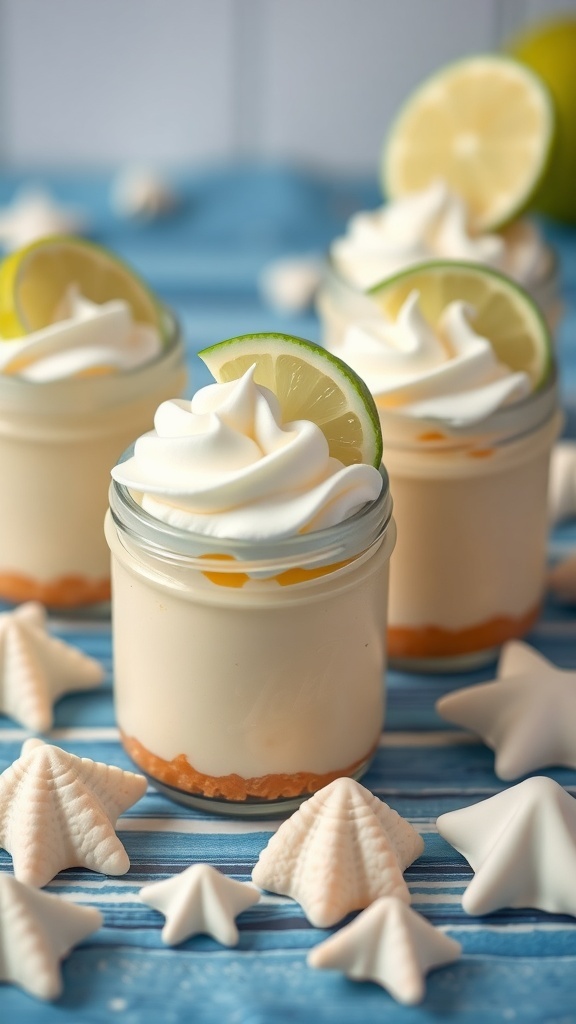 Key lime pie in jars with whipped cream and lime slices on a blue background