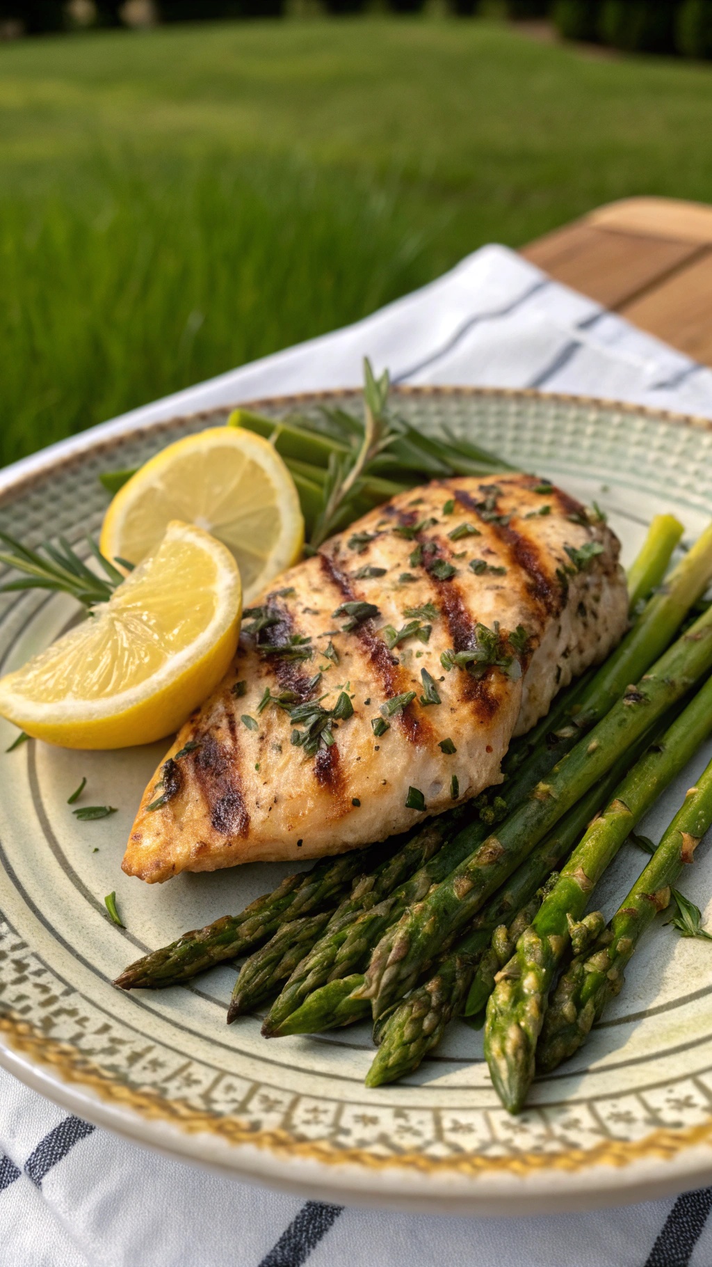 Grilled chicken breast with lemon slices and asparagus on a plate