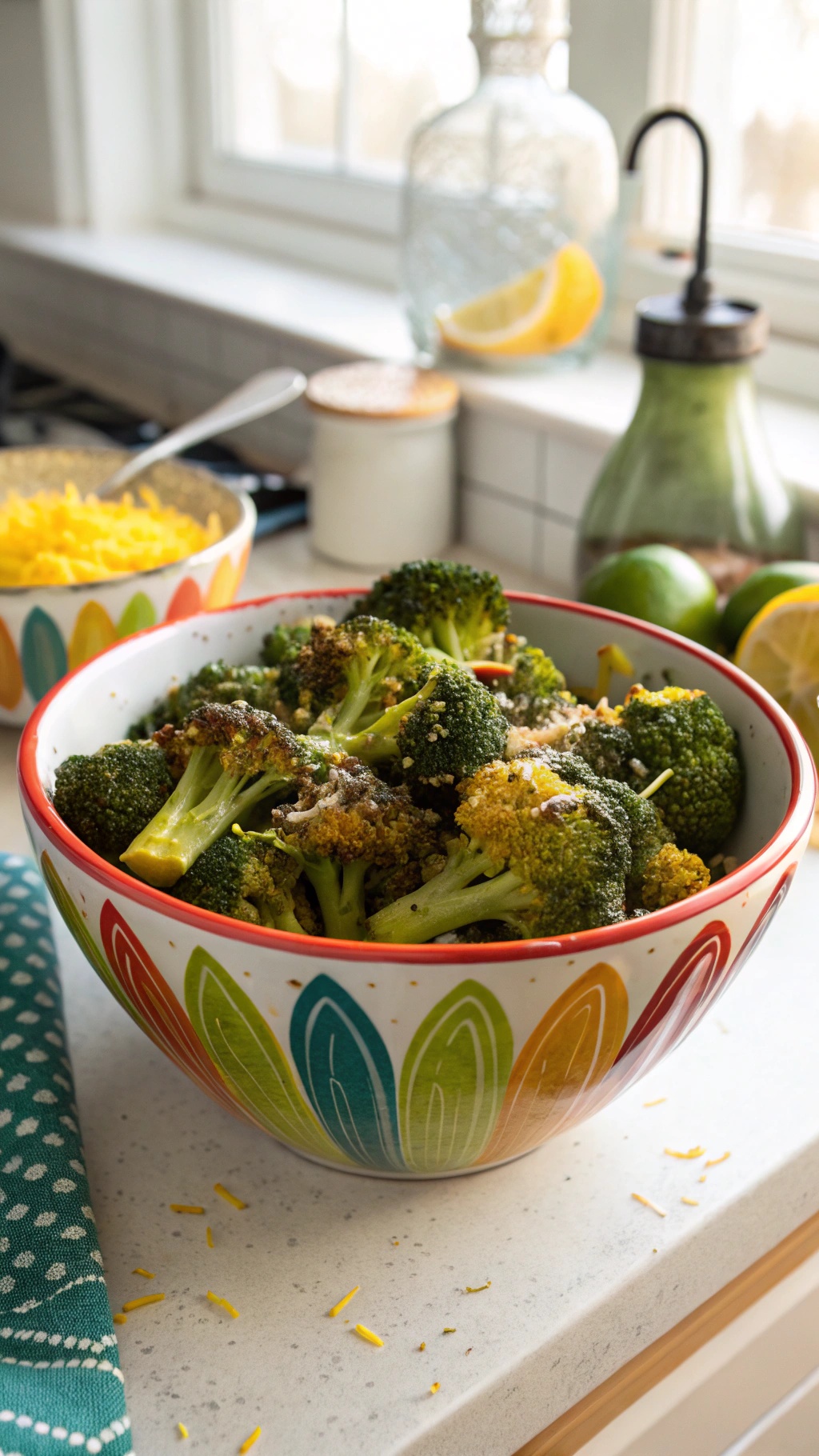 A colorful bowl of zesty lemon-infused roasted broccoli on a kitchen countertop.