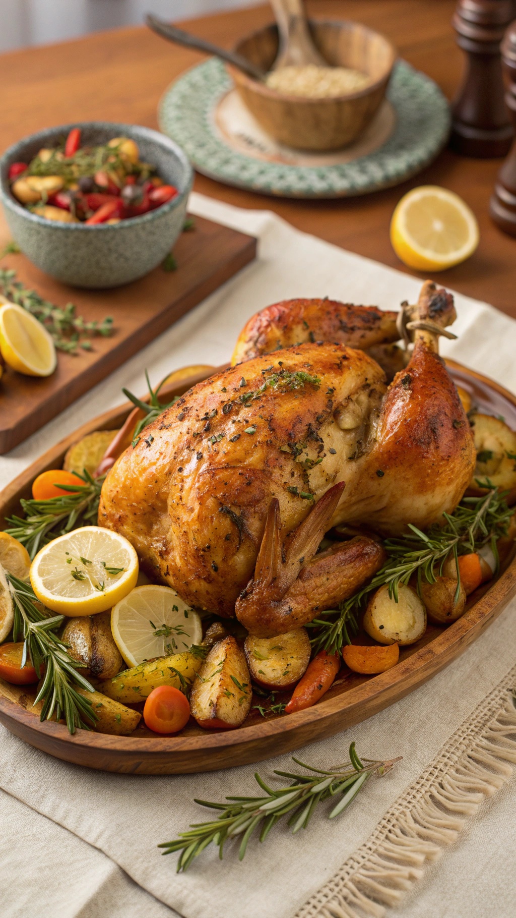 A beautifully roasted chicken with lemon slices and herbs, surrounded by colorful vegetables on a wooden platter.