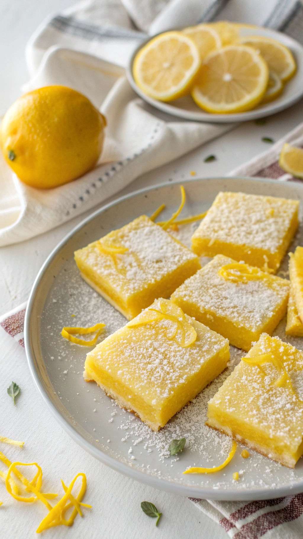 A plate of zesty lemon bars with a crunchy crust, garnished with lemon zest and powdered sugar.