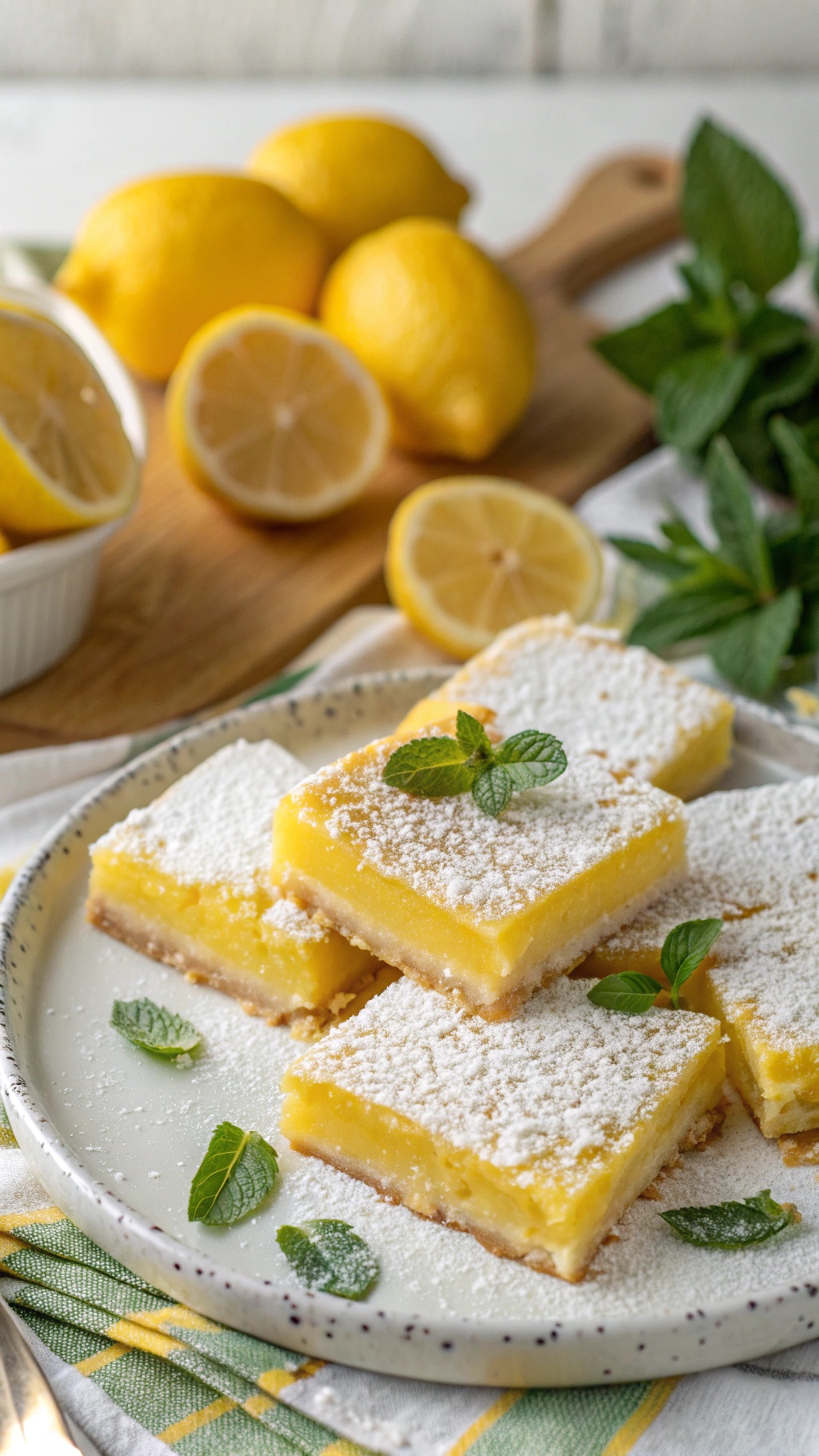 Delicious gluten-free lemon bars garnished with mint leaves and powdered sugar.