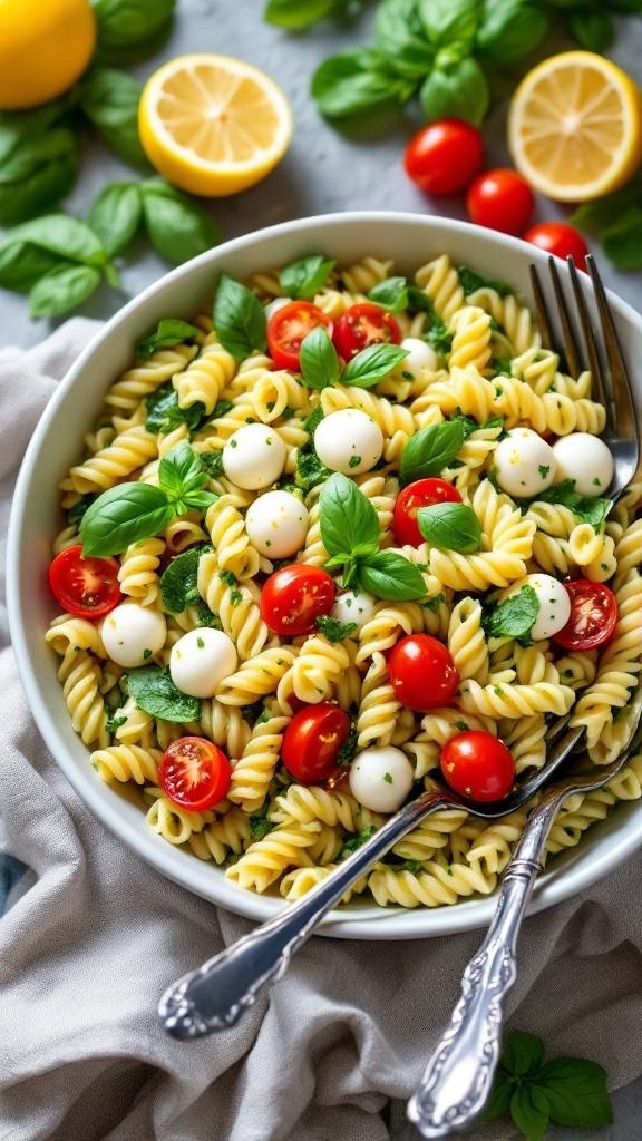 A bowl of zesty lemon basil pesto pasta salad with rotini pasta, cherry tomatoes, mozzarella balls, and fresh basil leaves.
