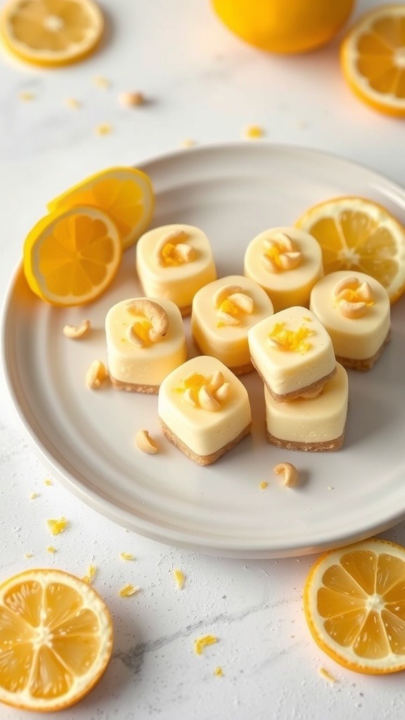 Zesty Lemon Cashew Cheesecake Bites on a plate with lemon slices and cashews