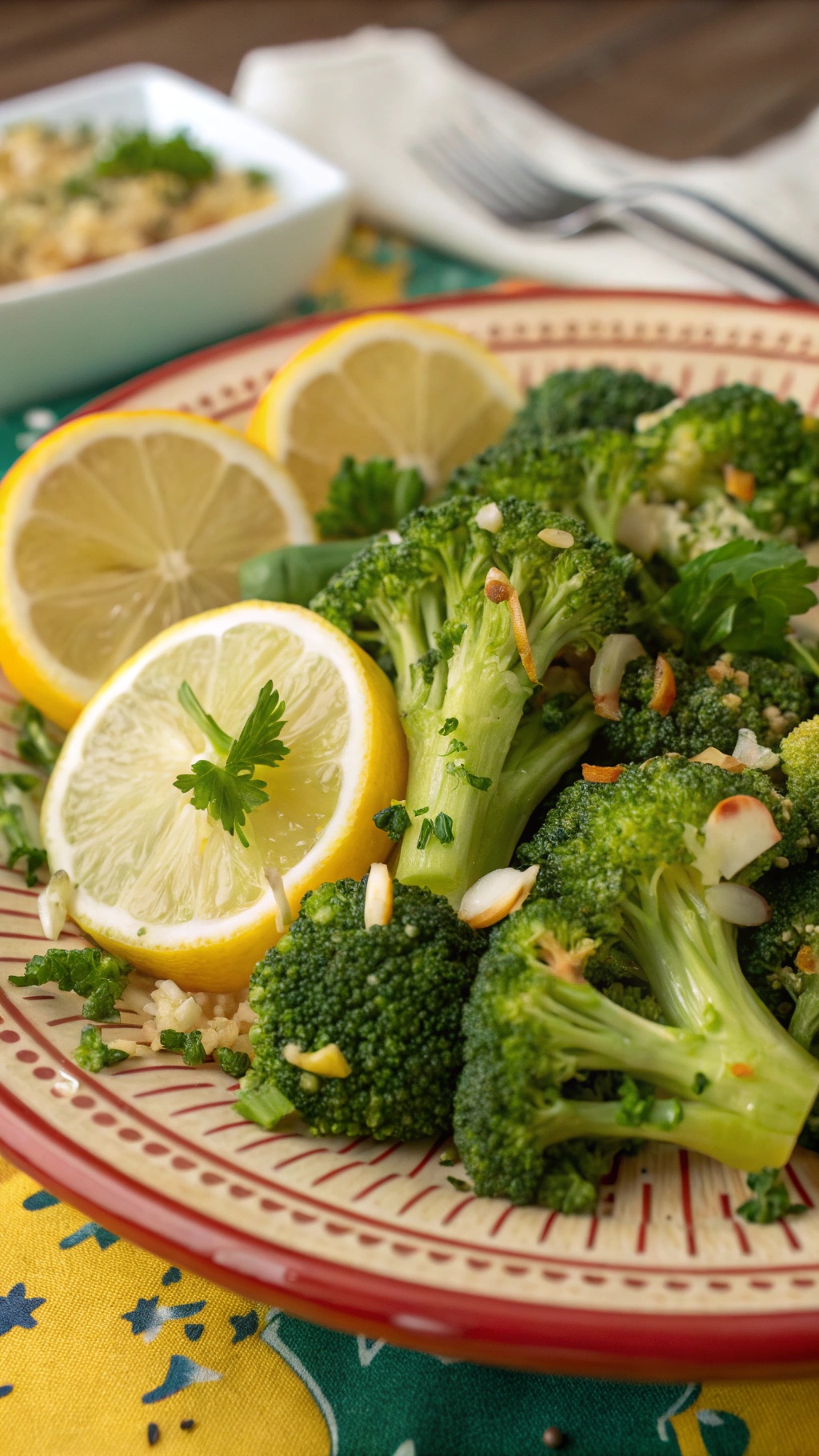 A plate of zesty lemon garlic broccoli garnished with lemon slices and parsley