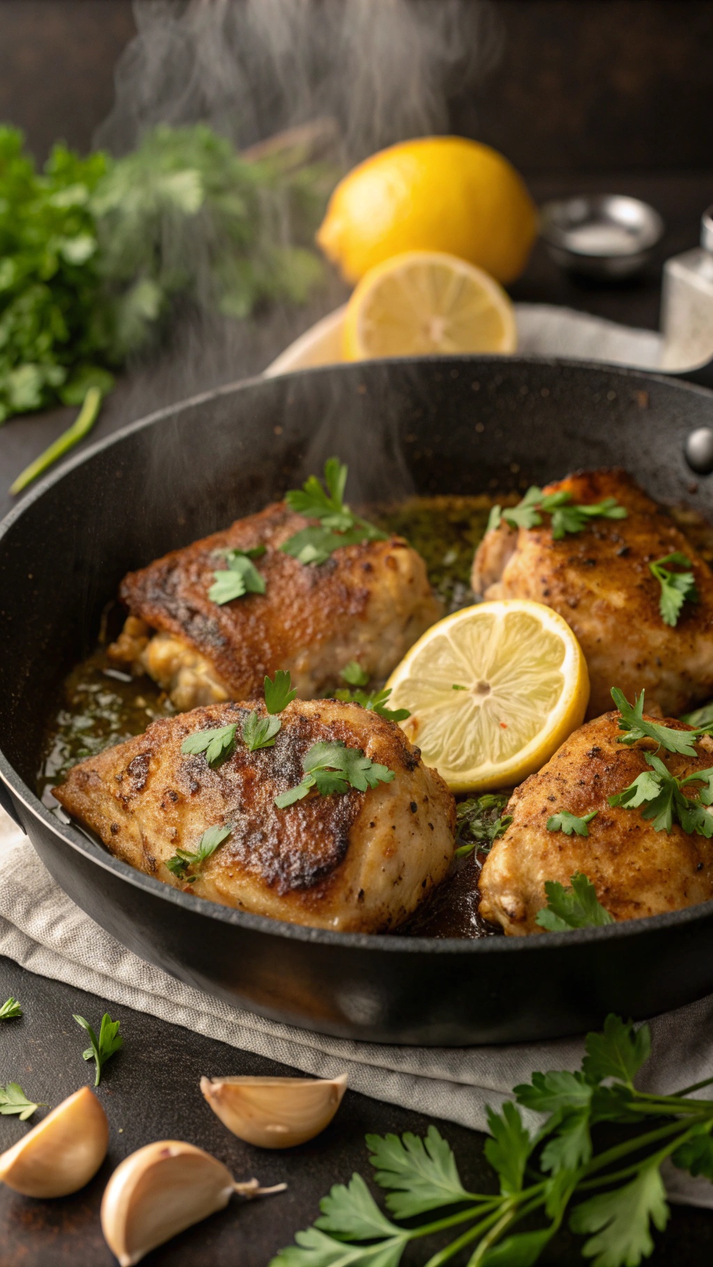 Zesty lemon garlic butter chicken thighs in a skillet with fresh herbs and lemon slices