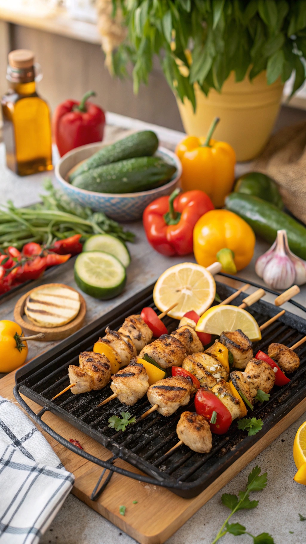 Grilled chicken skewers with bell peppers and lemon, surrounded by fresh vegetables and herbs.