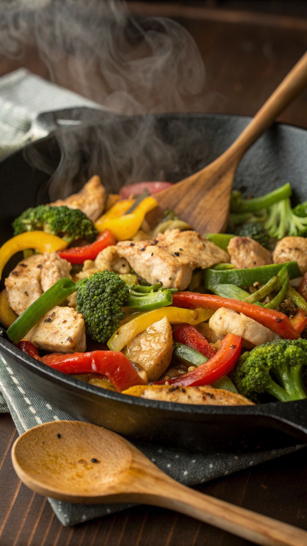 A colorful chicken stir-fry with bell peppers and broccoli in a skillet.