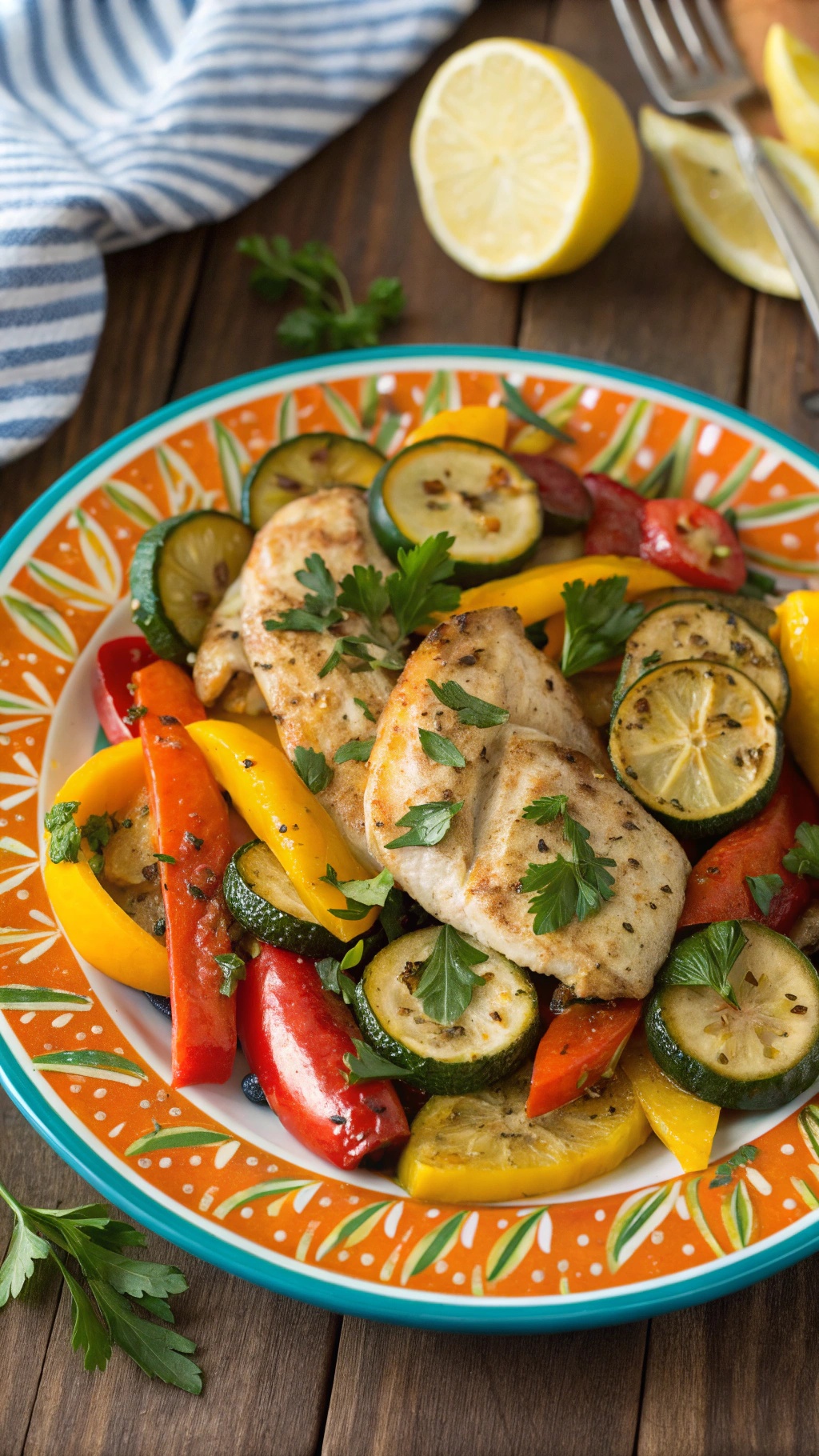 A colorful plate of zesty lemon garlic chicken with roasted vegetables, garnished with parsley.
